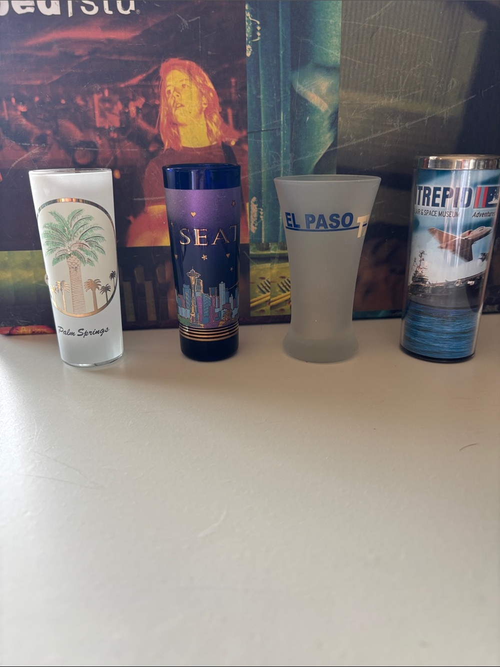 Set of 4 Collectible Shooter Shot Glasses Seattle Palm Springs El Paso Intrepid